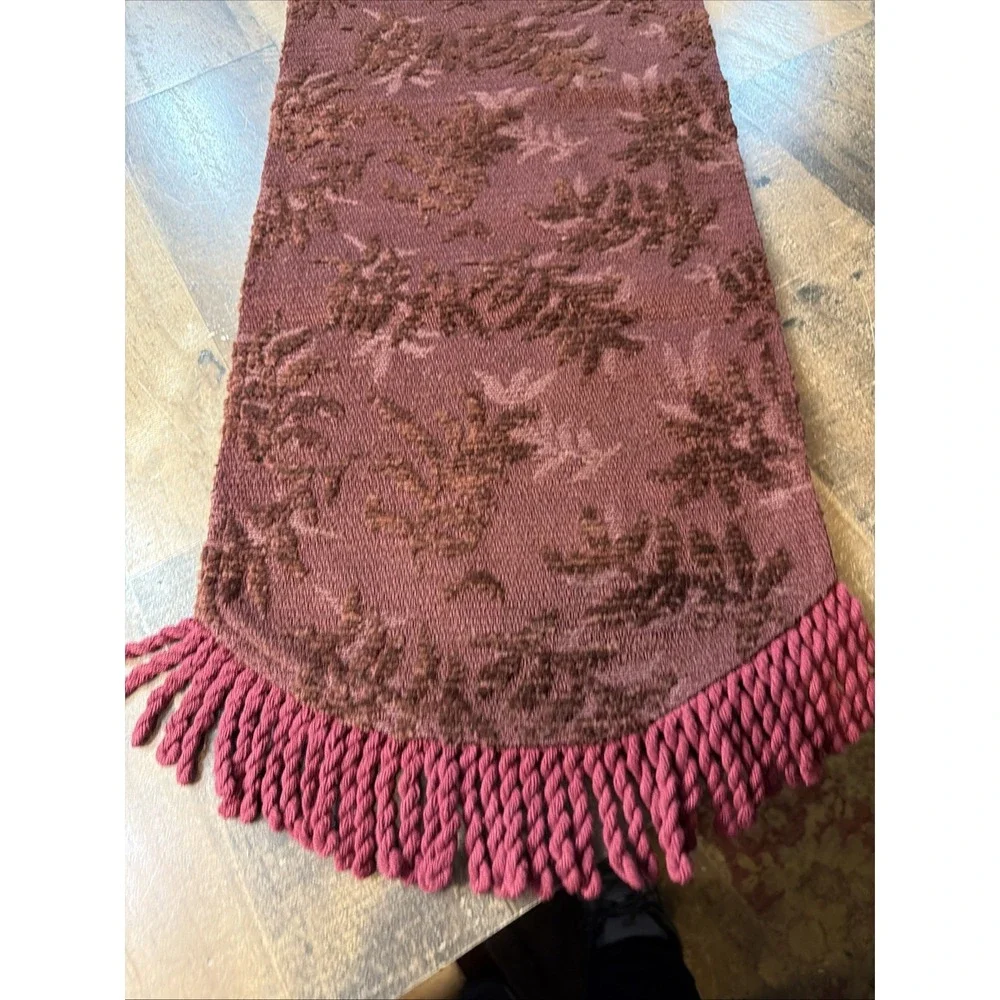 Vintage Chenille Table Runner Red Rust Floral Jacquard Fringe‎ Boho 12x70 Ornate